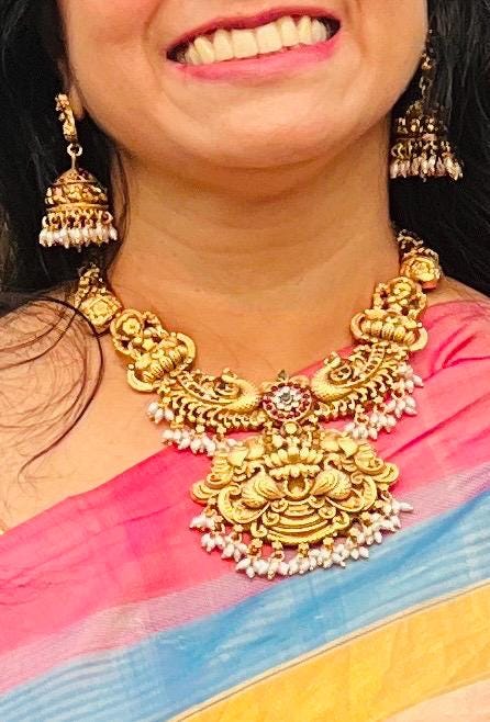 Temple Jewelry Necklace and Jhumka Earring Set – Gold Finish with Pearls