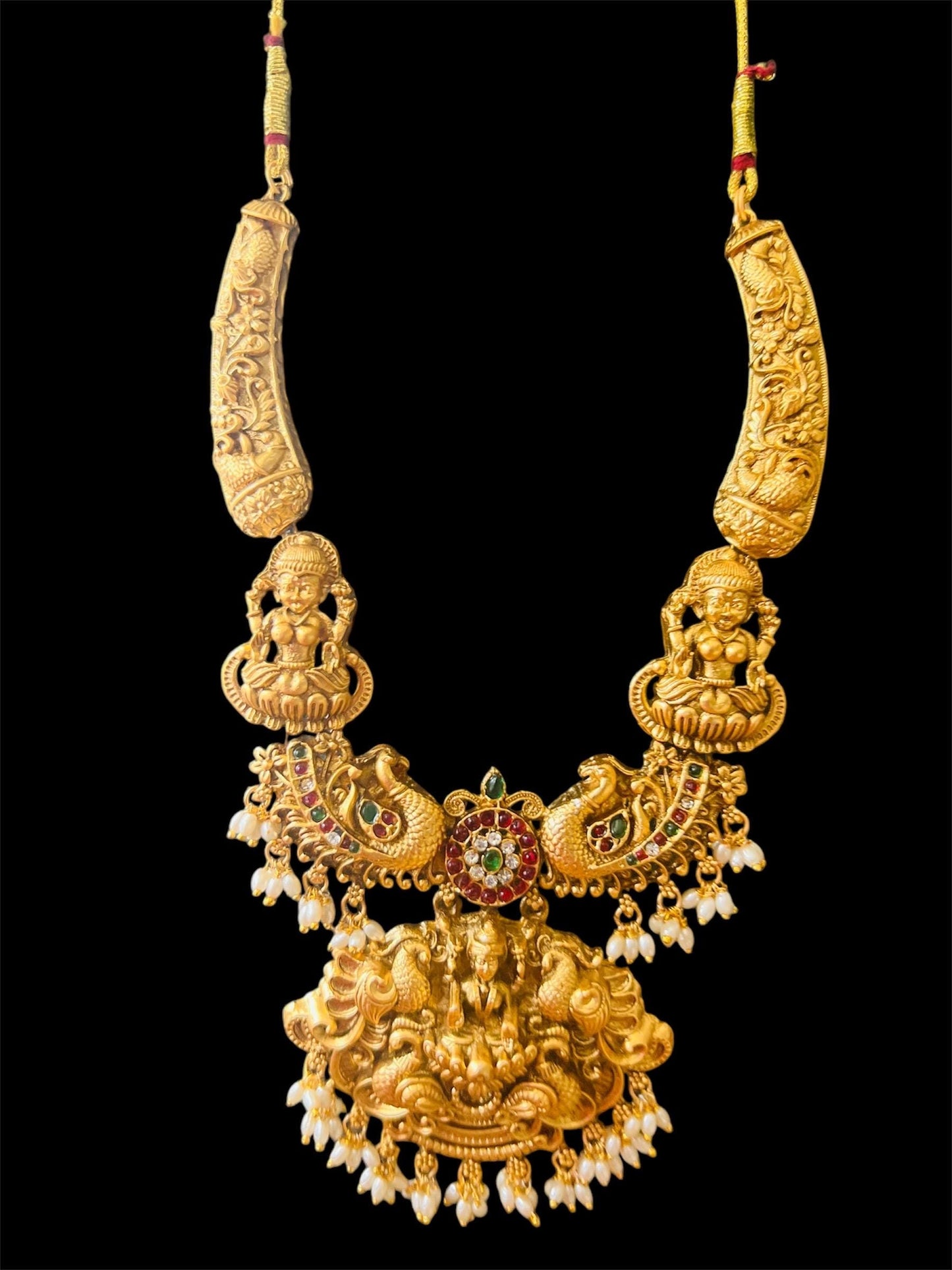 Temple Jewelry Necklace and Jhumka Earring Set – Gold Finish with Pearls