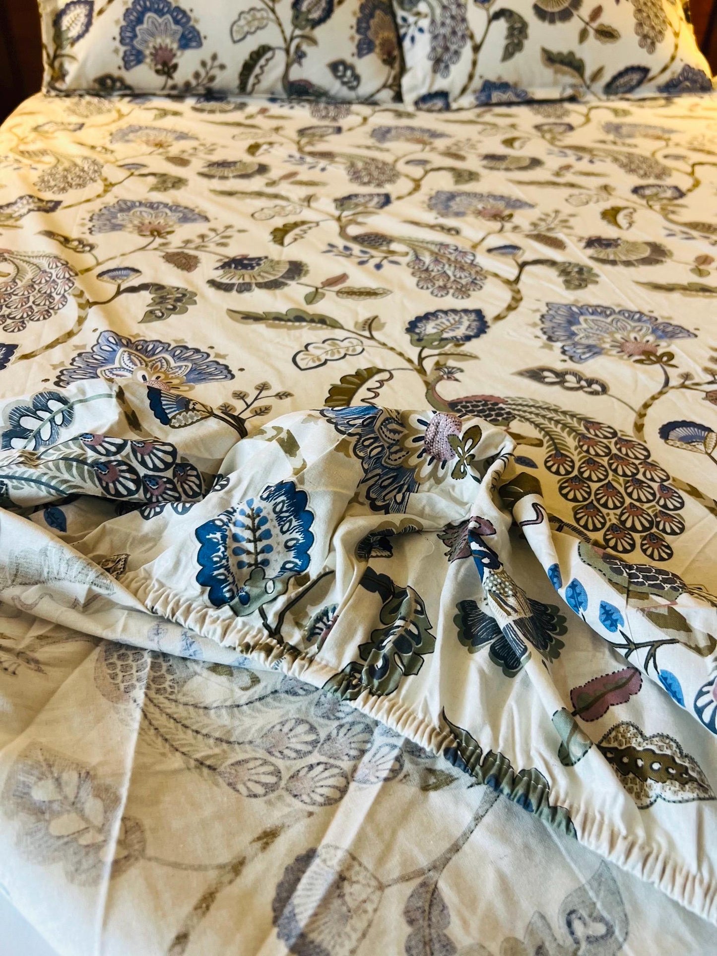 Handmade Blue Shade Peacock Floral Cotton Fitted sheet with Pillow Cases