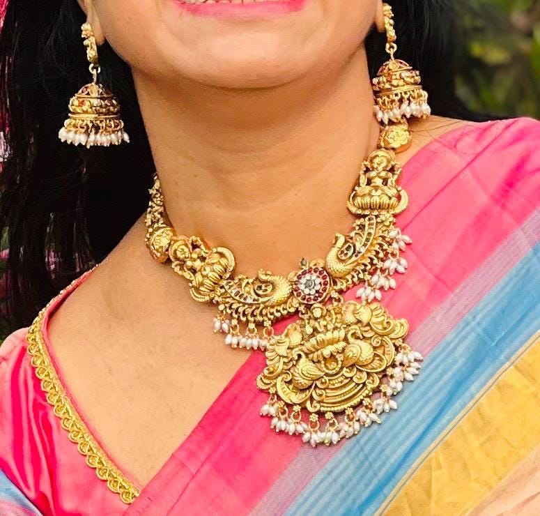 Temple Jewelry Necklace and Jhumka Earring Set – Gold Finish with Pearls