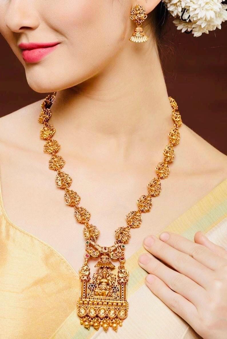 Premium Quality Gold-Plated Temple Jewelry Set with Red Stone Studded