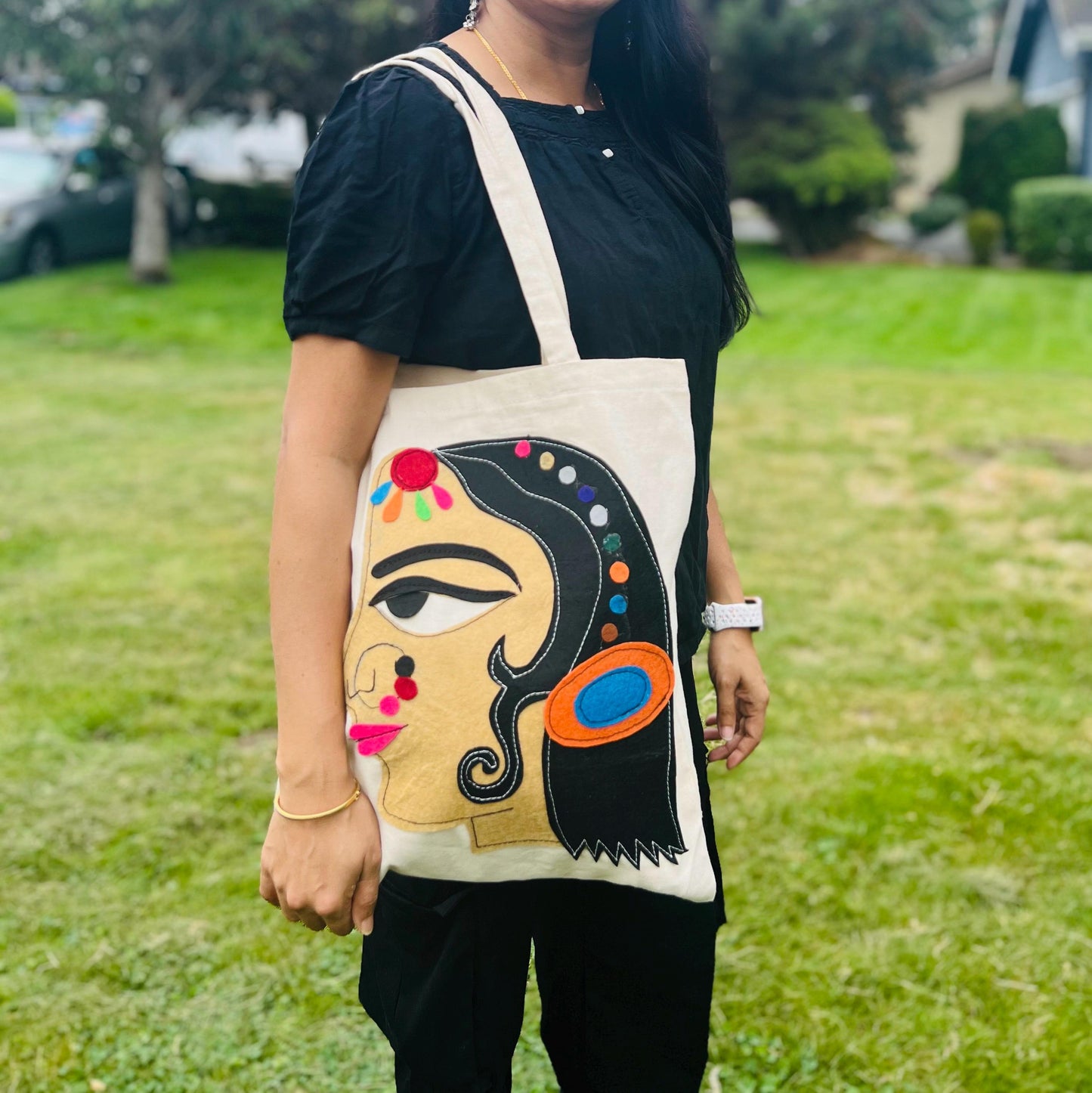 Handmade Bold Lady Profile Design Eco Friendly Bag Cotton Reusable Washable canvas tote bag