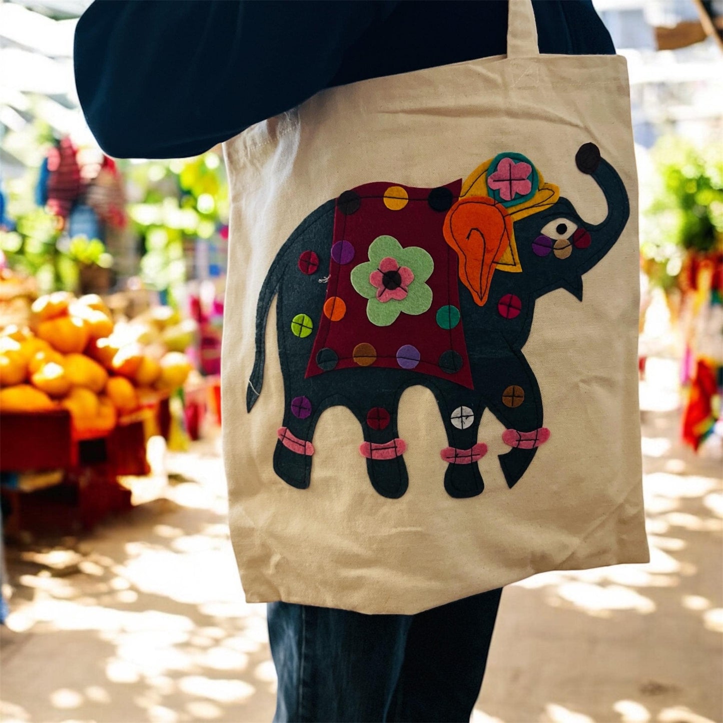Elephant Design Eco Friendly Reusable Washable Canvas Tote Bag