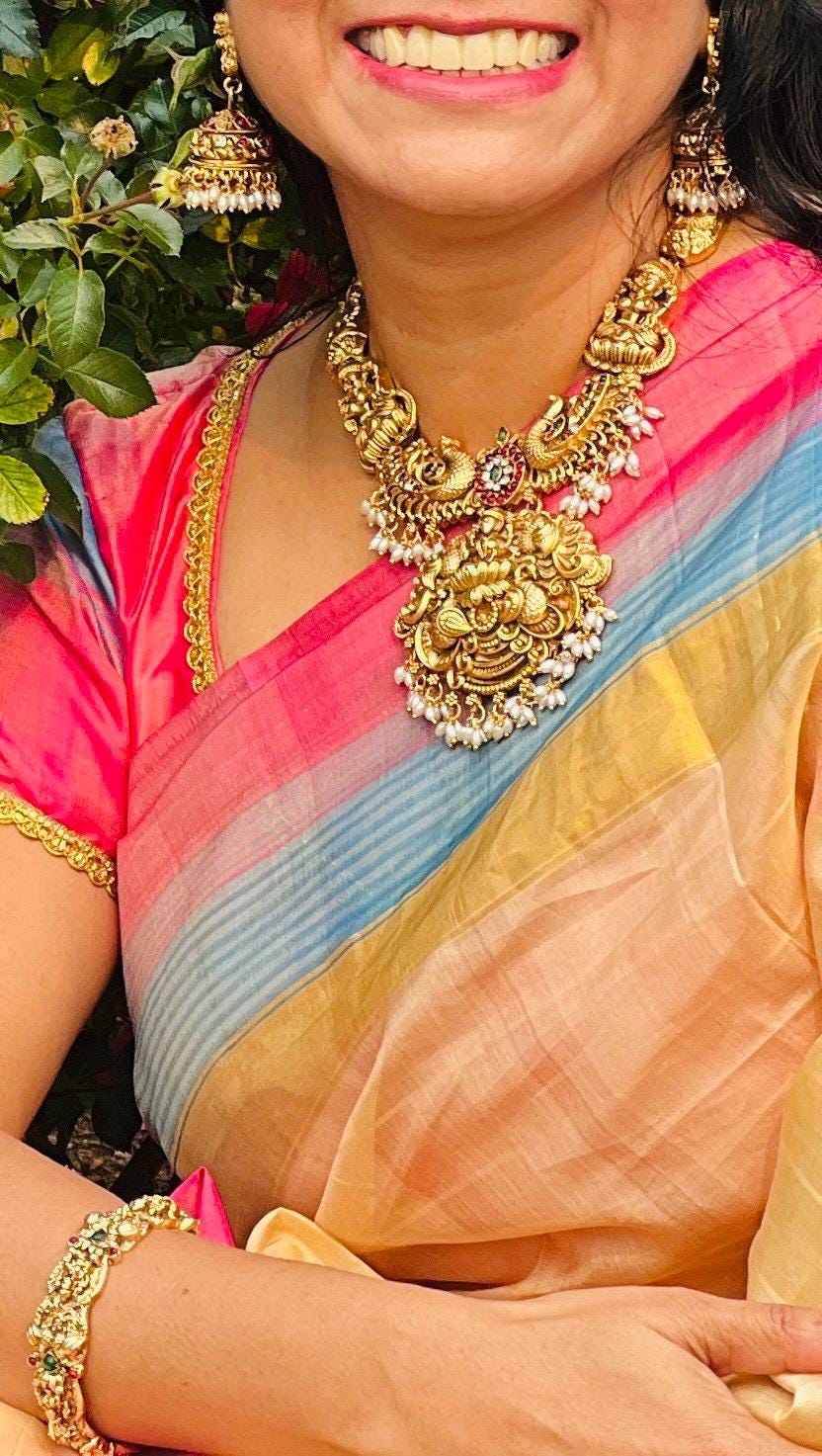 Temple Jewelry Necklace and Jhumka Earring Set – Gold Finish with Pearls