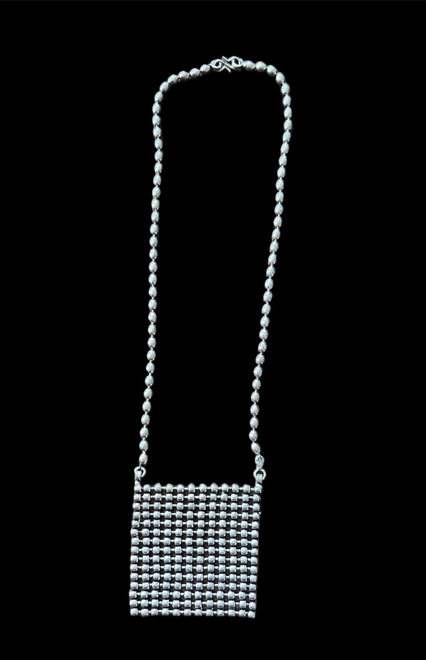 German Silver Beaded Square Pendant Necklace