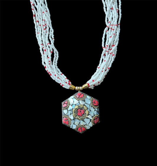 Multi-Strand White and Red Beaded Necklace with Mosaic Hexagonal Pendant