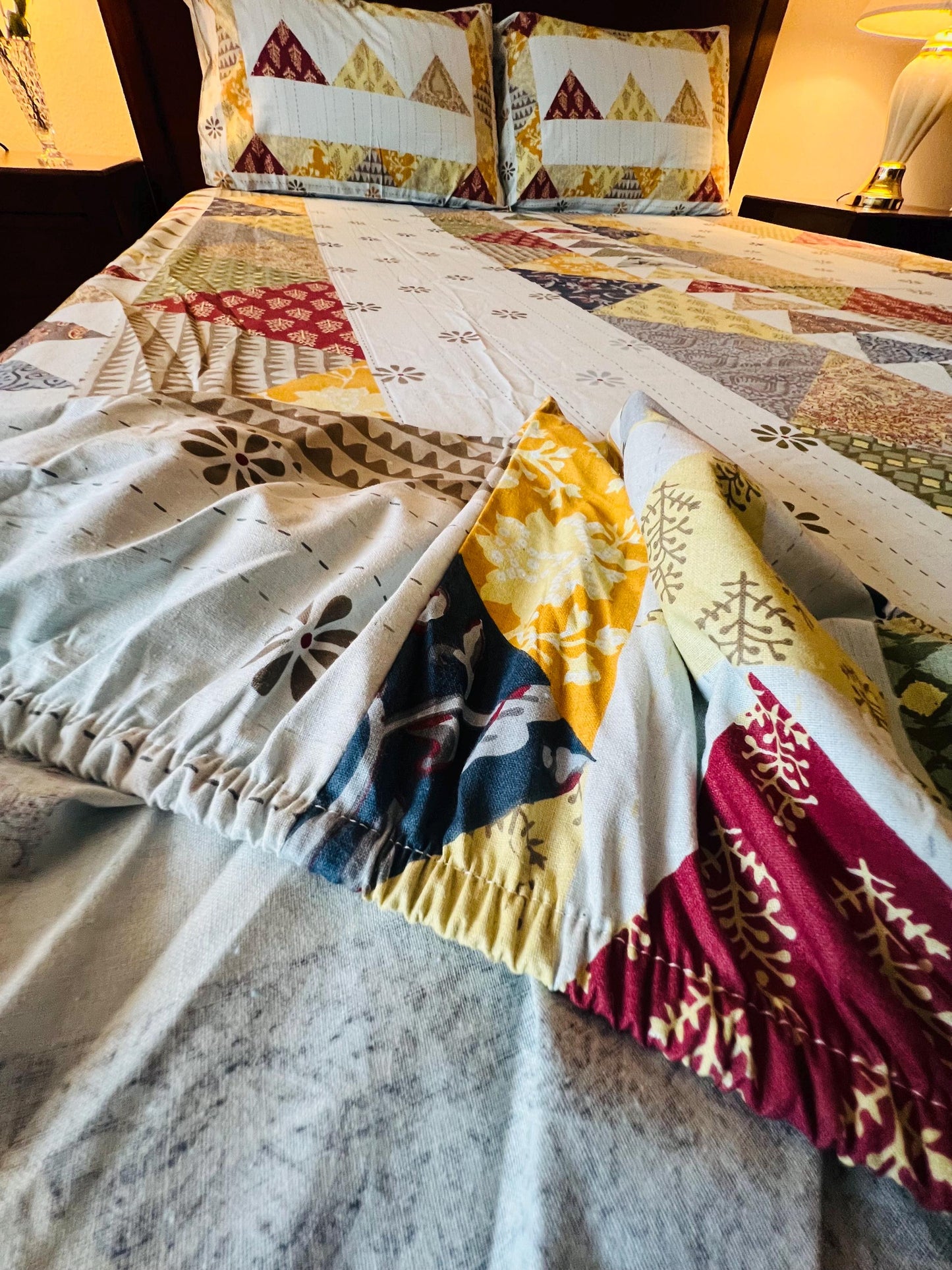 Handmade Cotton Fitted sheet with Pillow Covers Boho Style Bedding, Queen Size, Traditional Print, Perfect gift