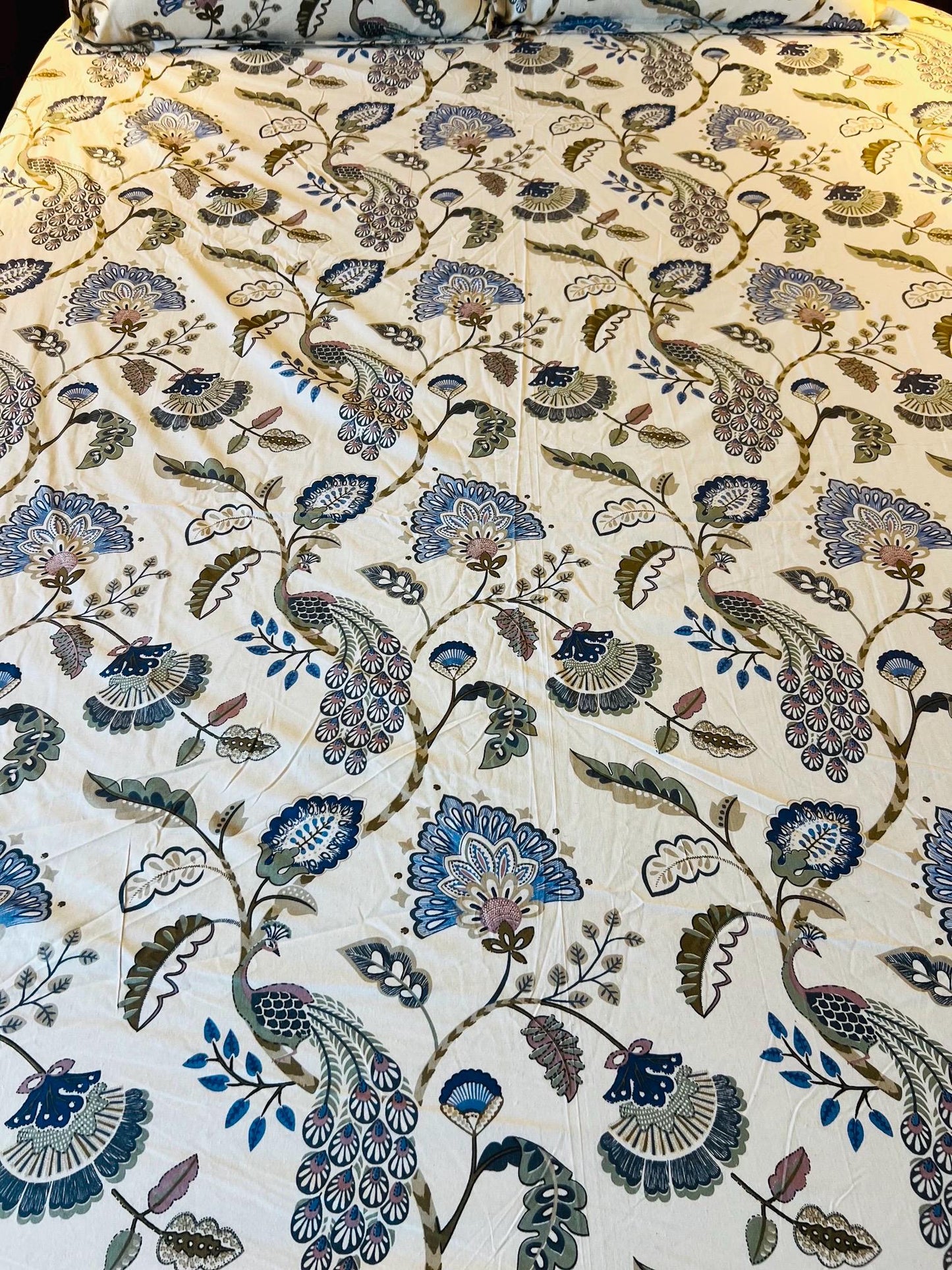 Handmade Blue Shade Peacock Floral Cotton Fitted sheet with Pillow Cases