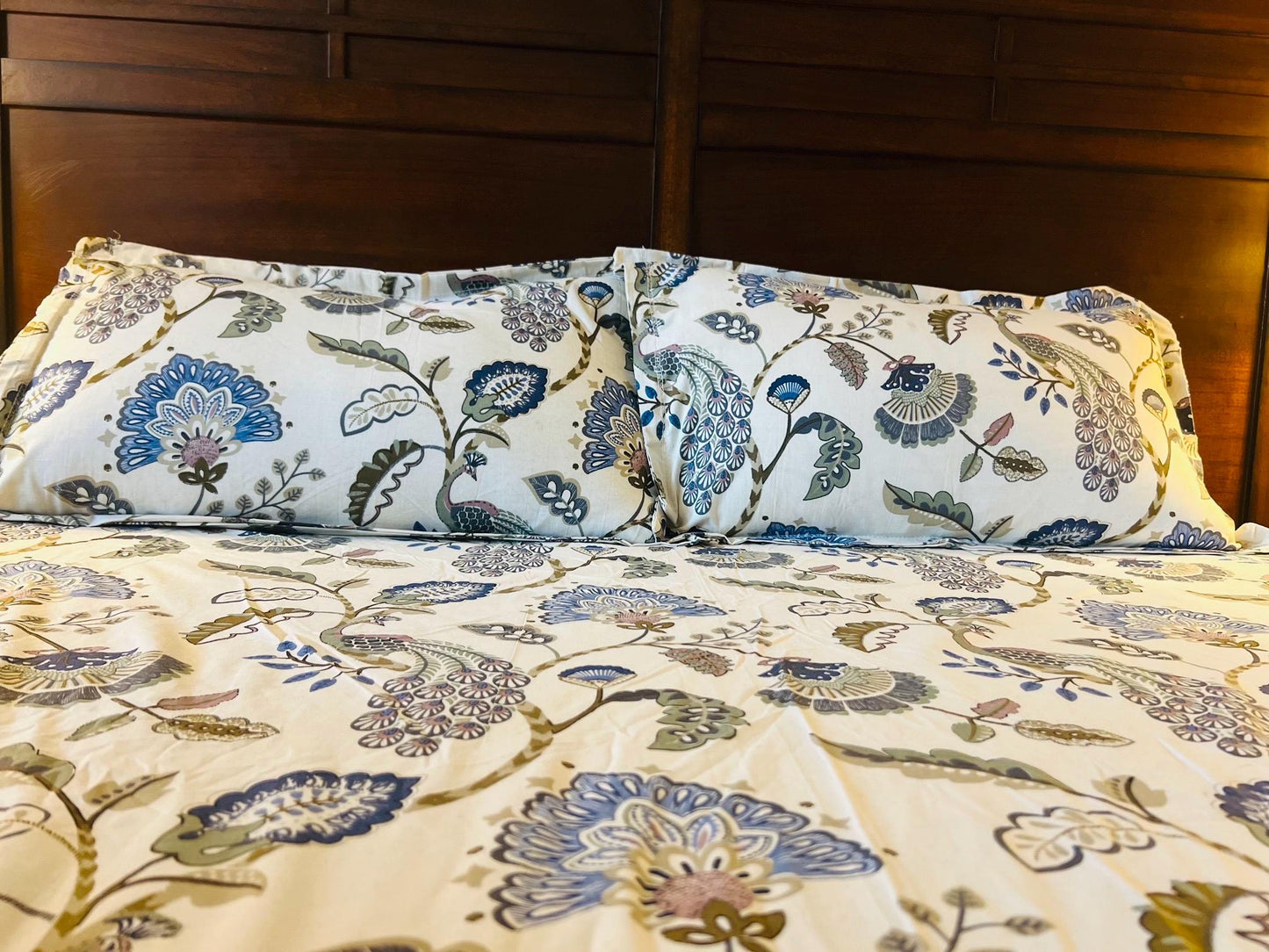 Handmade Blue Shade Peacock Floral Cotton Fitted sheet with Pillow Cases