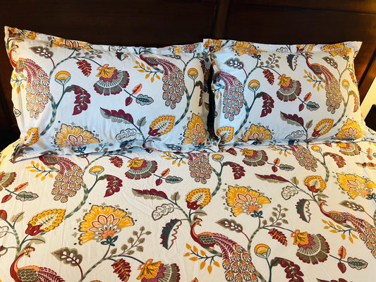 Handmade Peacock Floral Cotton Fitted sheet with Pillow Covers