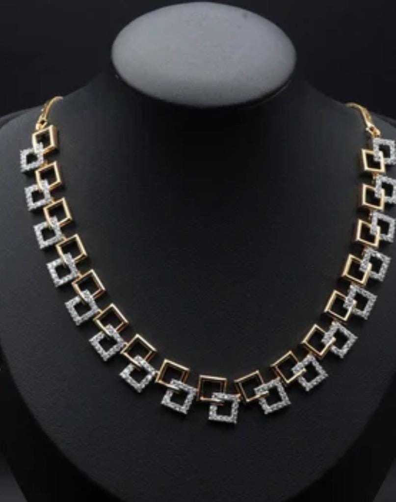 Stone Studded Square Cut Gold Plated Necklace with Matching Earrings