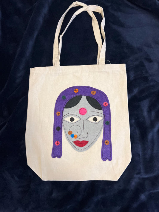 Handmade Purple Lady Face Design Eco Friendly Canvas Tote Bag