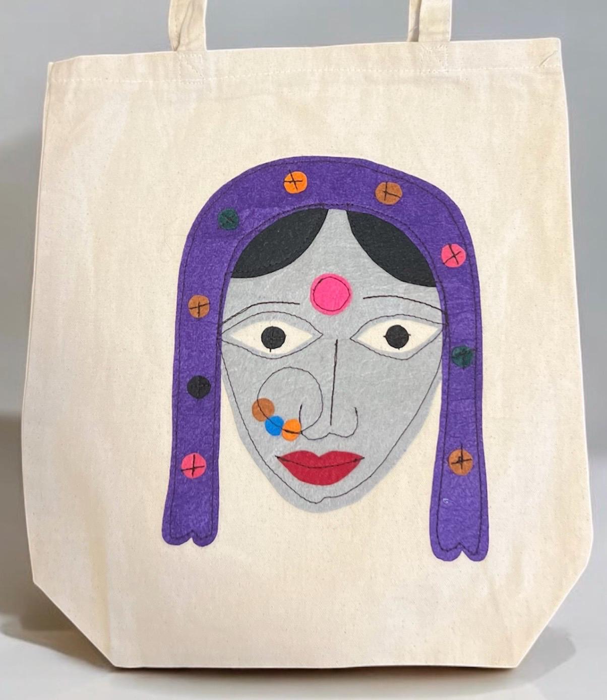 Handmade Purple Lady Face Design Eco Friendly Canvas Tote Bag