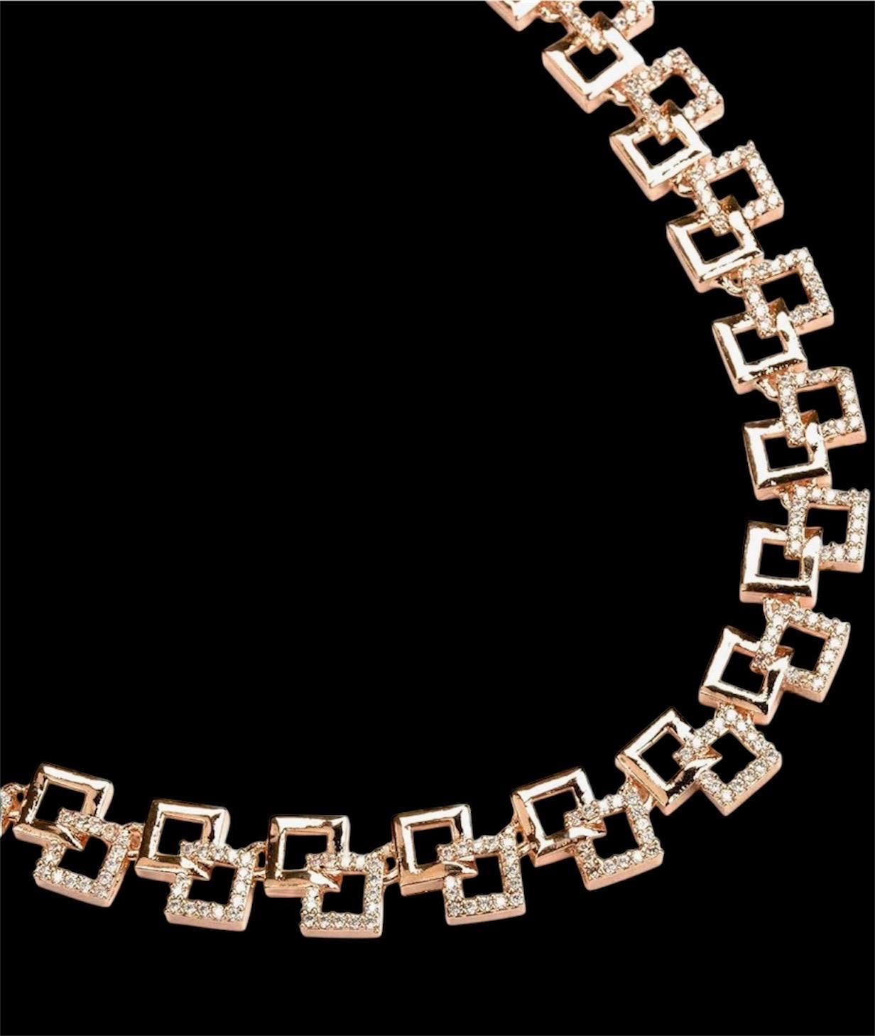 Stone Studded Square Cut Gold Plated Necklace with Matching Earrings