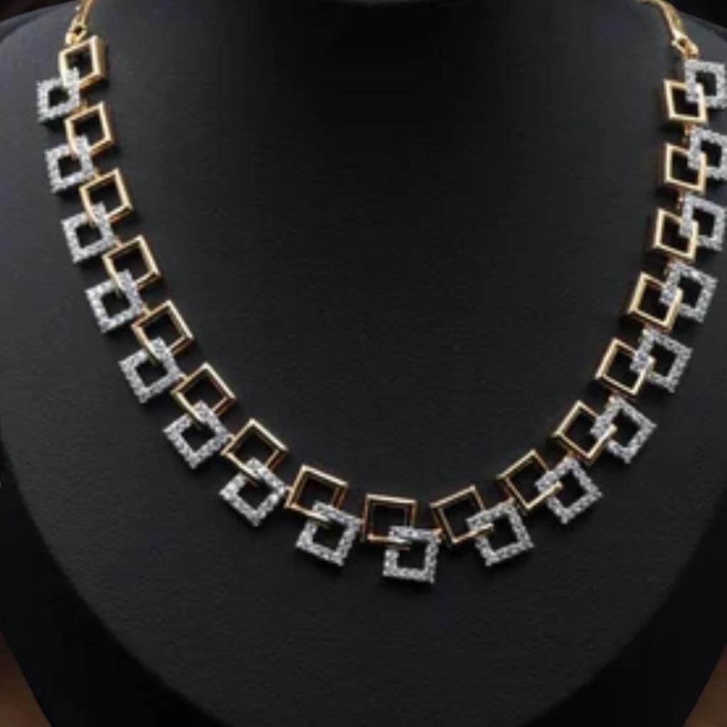 Stone Studded Square Cut Gold Plated Necklace with Matching Earrings