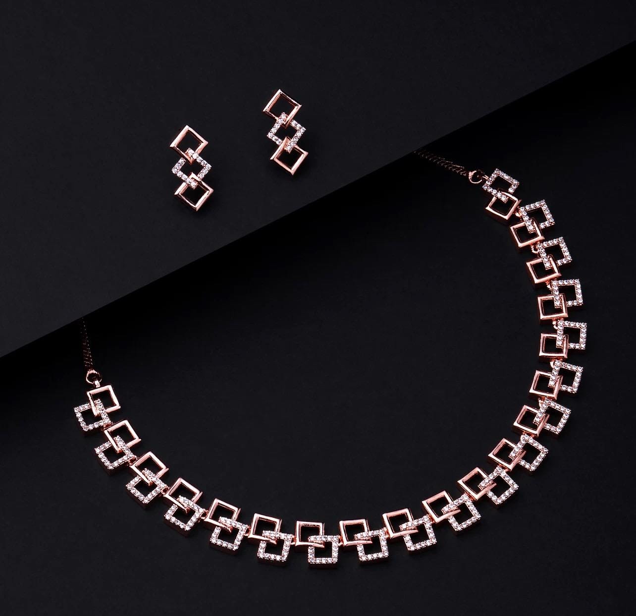 Stone Studded Square Cut Gold Plated Necklace with Matching Earrings