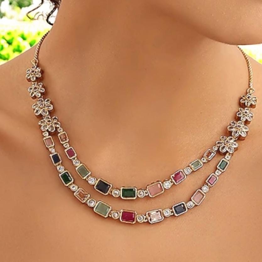 Multicolor Two Layer Gemstone Necklace Set