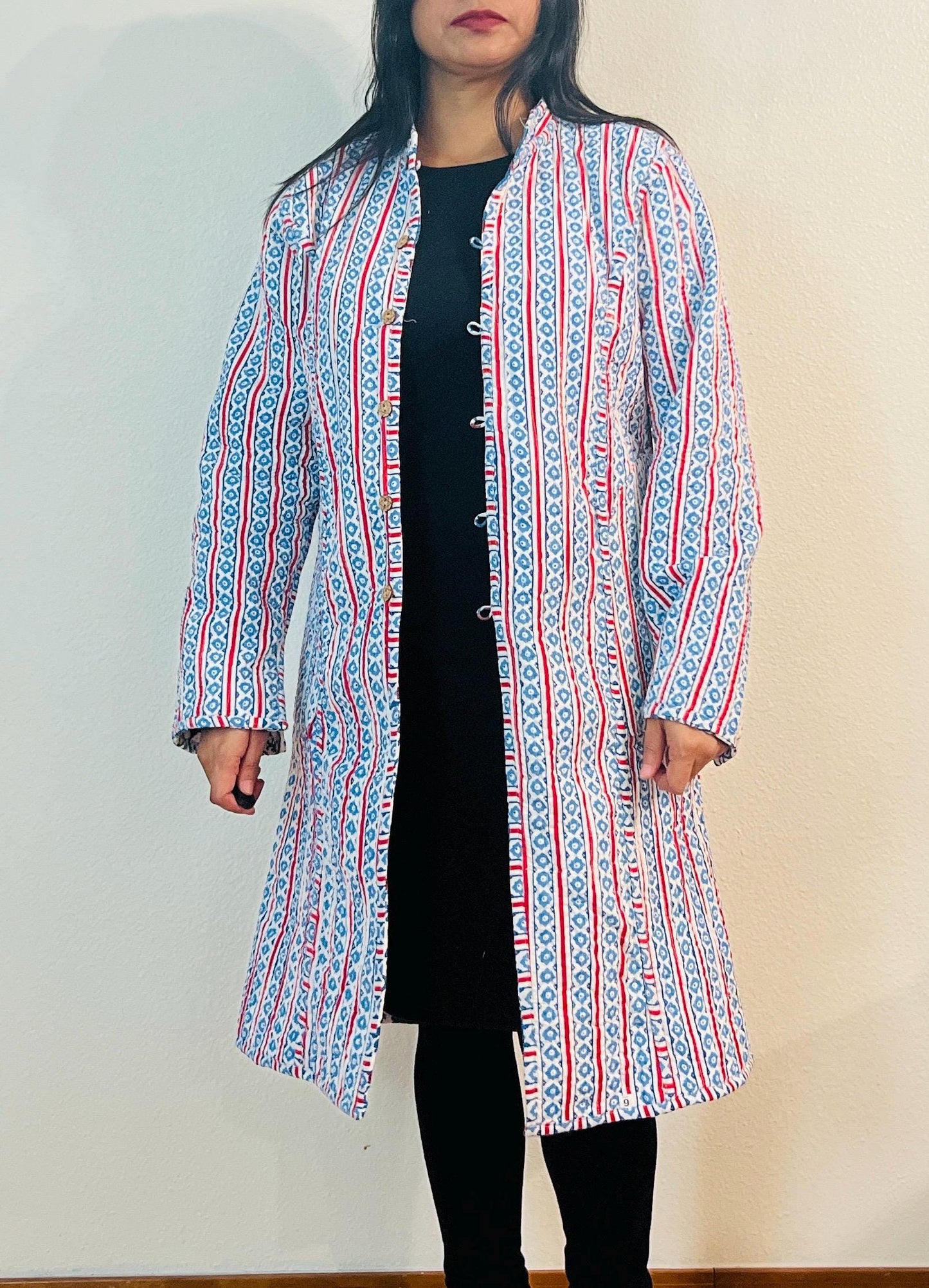 Reversible Handmade Kantha Jacket, Blue & White Block Print Coat, Lightweight Boho Outerwear, Ethnic Sustainable Fashion