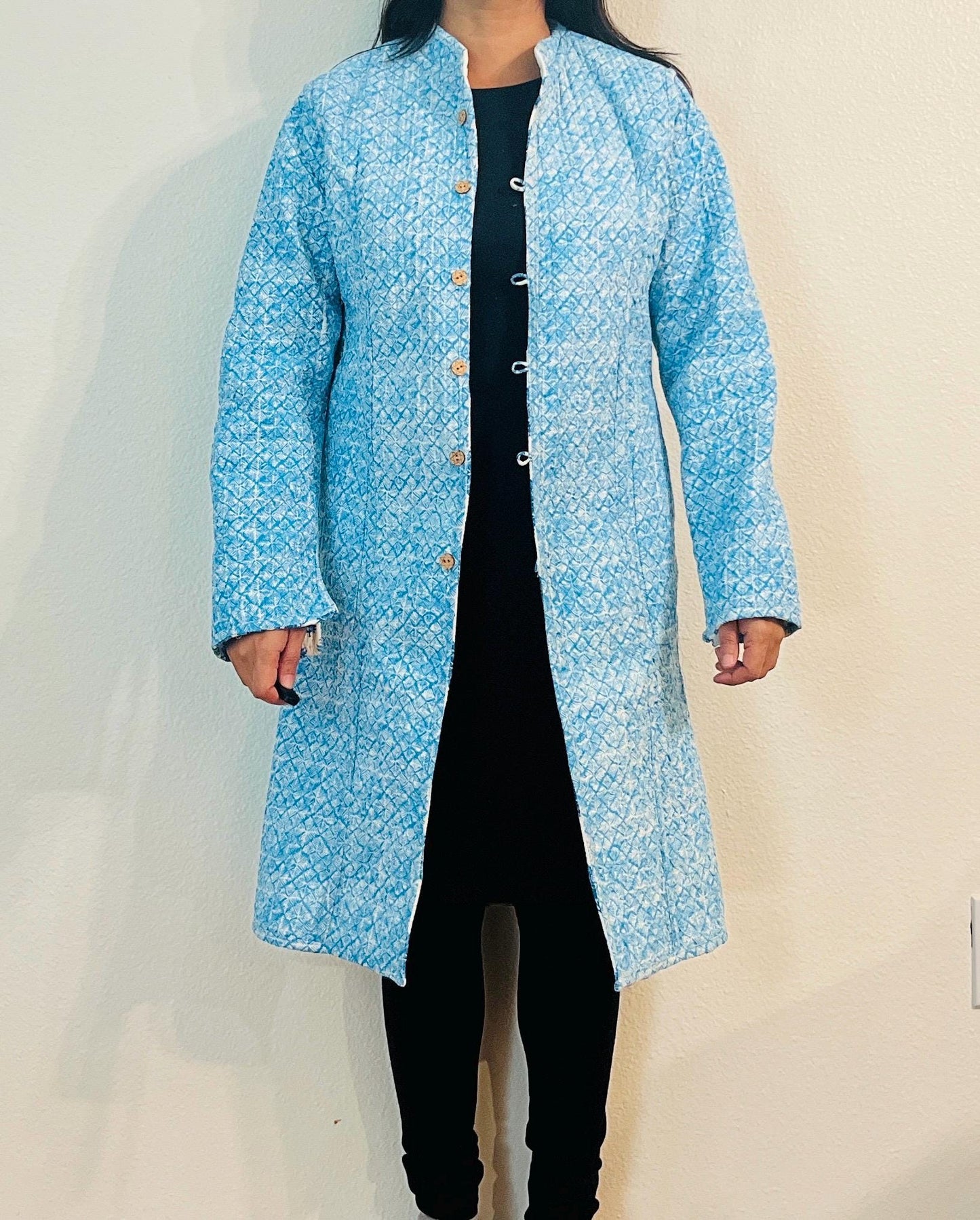 Reversible Blue Block Print Jacket, Handmade Kantha Cotton Coat, Lightweight Boho Outerwear, Eco-Friendly Fashion