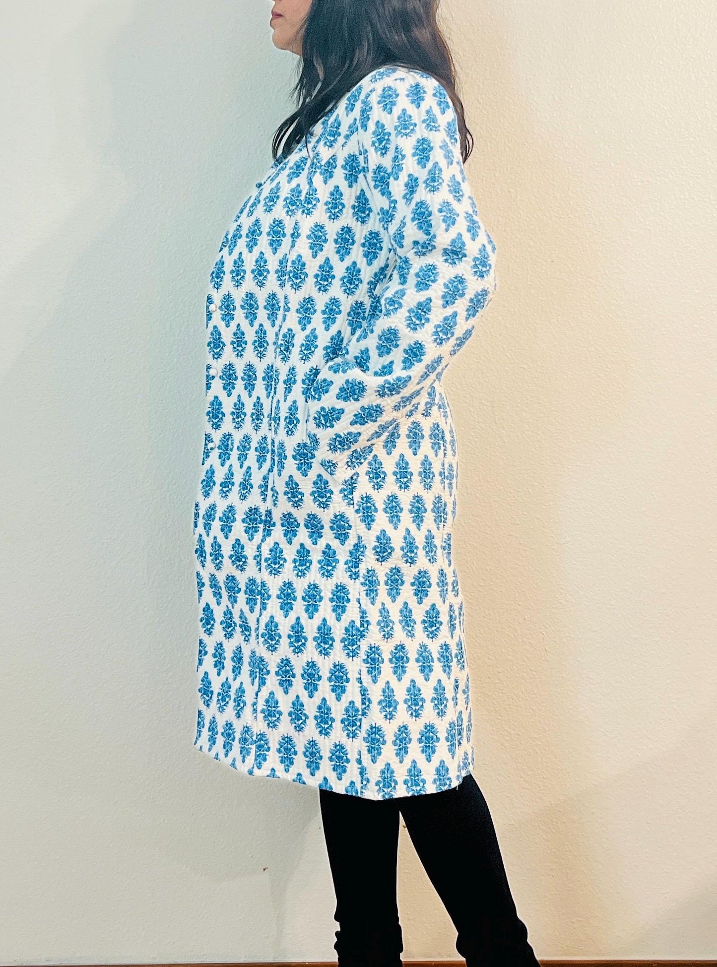 Reversible Blue Block Print Jacket, Handmade Kantha Cotton Coat, Lightweight Boho Outerwear, Eco-Friendly Fashion