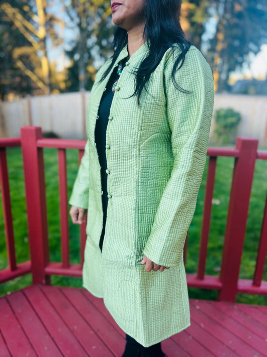 Reversible Handmade Quilted Jacket - Pastel Green Boho Coat - Block Print Long Jacket for Women