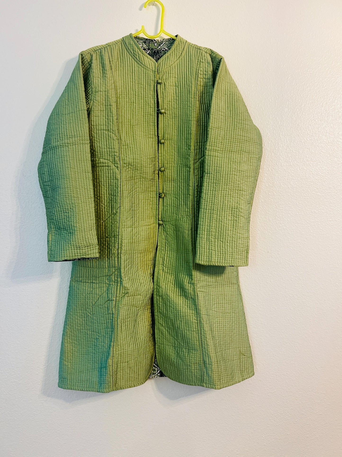 Reversible Handmade Quilted Jacket - Pastel Green Boho Coat - Block Print Long Jacket for Women
