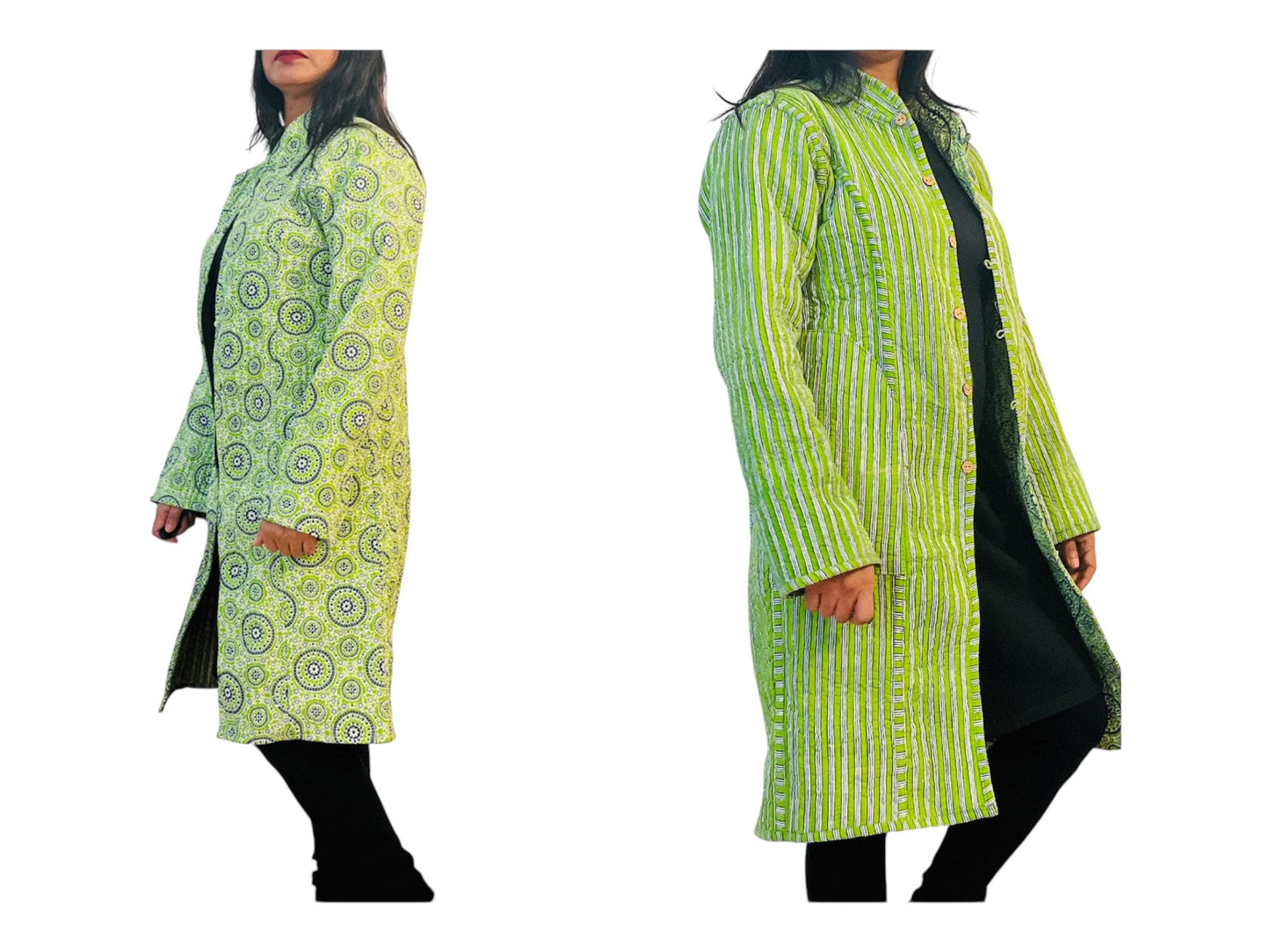 Reversible Green Jacket, Handcrafted Boho Chic Long Coat with Vibrant Mandala & Striped Patterns, Unique Valentine's Day Gift for Her