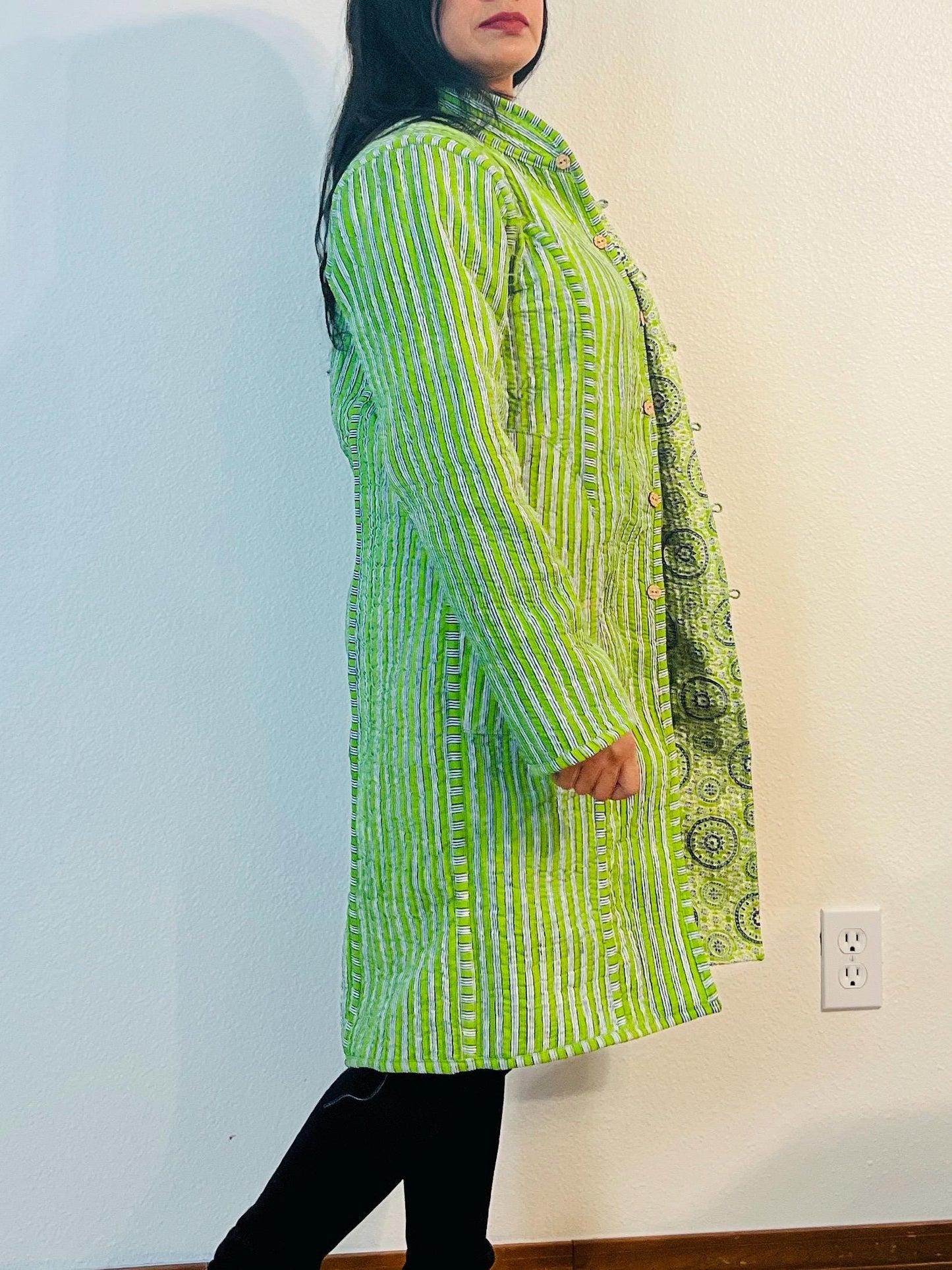 Reversible Green Jacket, Handcrafted Boho Chic Long Coat with Vibrant Mandala & Striped Patterns, Unique Valentine's Day Gift for Her
