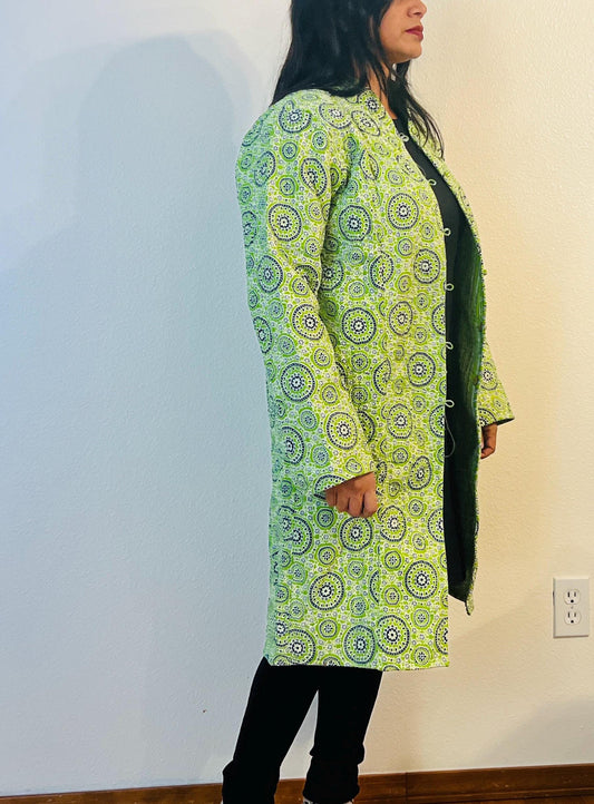 Reversible Green Jacket, Handcrafted Boho Chic Long Coat with Vibrant Mandala & Striped Patterns, Unique Valentine's Day Gift for Her
