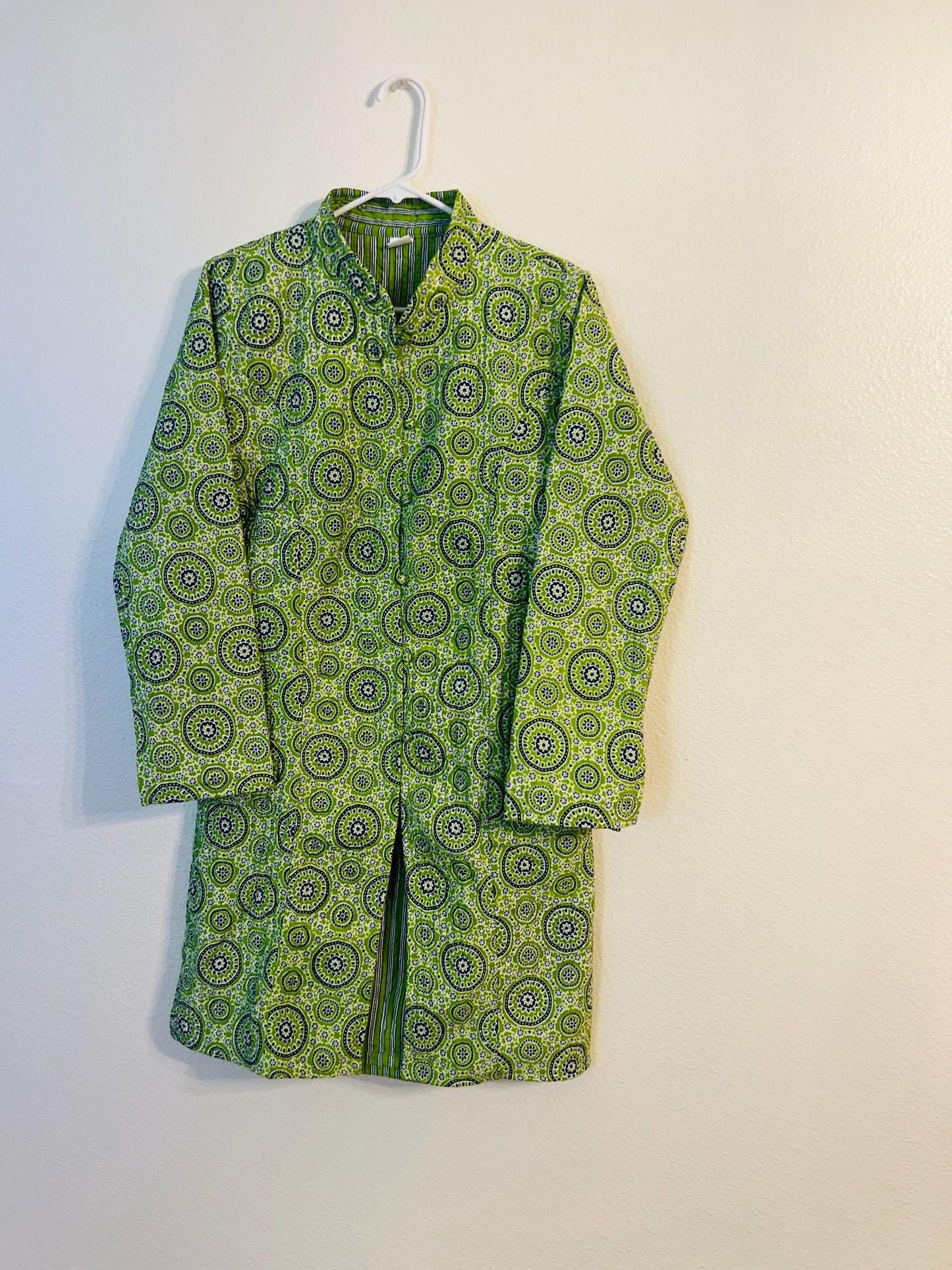 Reversible Green Jacket, Handcrafted Boho Chic Long Coat with Vibrant Mandala & Striped Patterns, Unique Valentine's Day Gift for Her