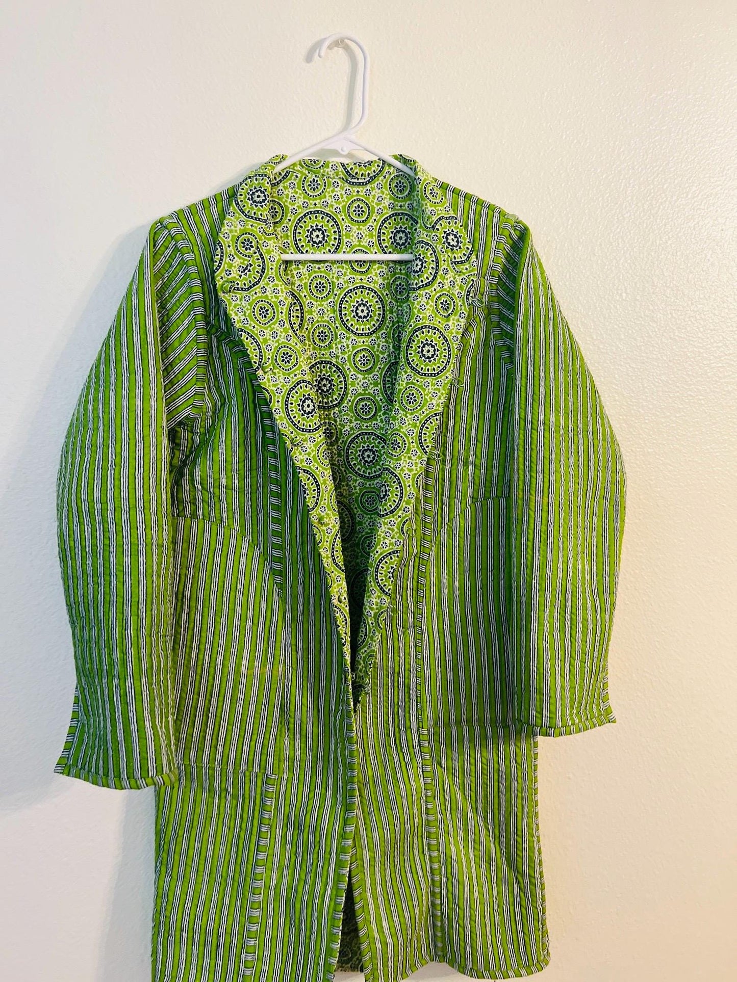 Reversible Green Jacket, Handcrafted Boho Chic Long Coat with Vibrant Mandala & Striped Patterns, Unique Valentine's Day Gift for Her