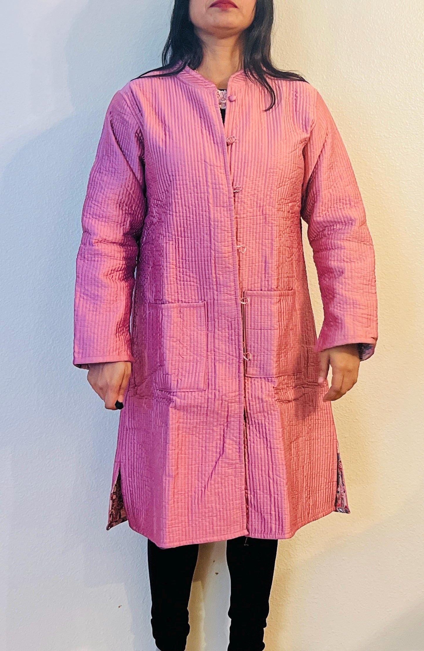 Reversible Pink Floral Cotton Jacket – Handcrafted Boho Long Coat | Romantic Valentine's Day Gift for Her