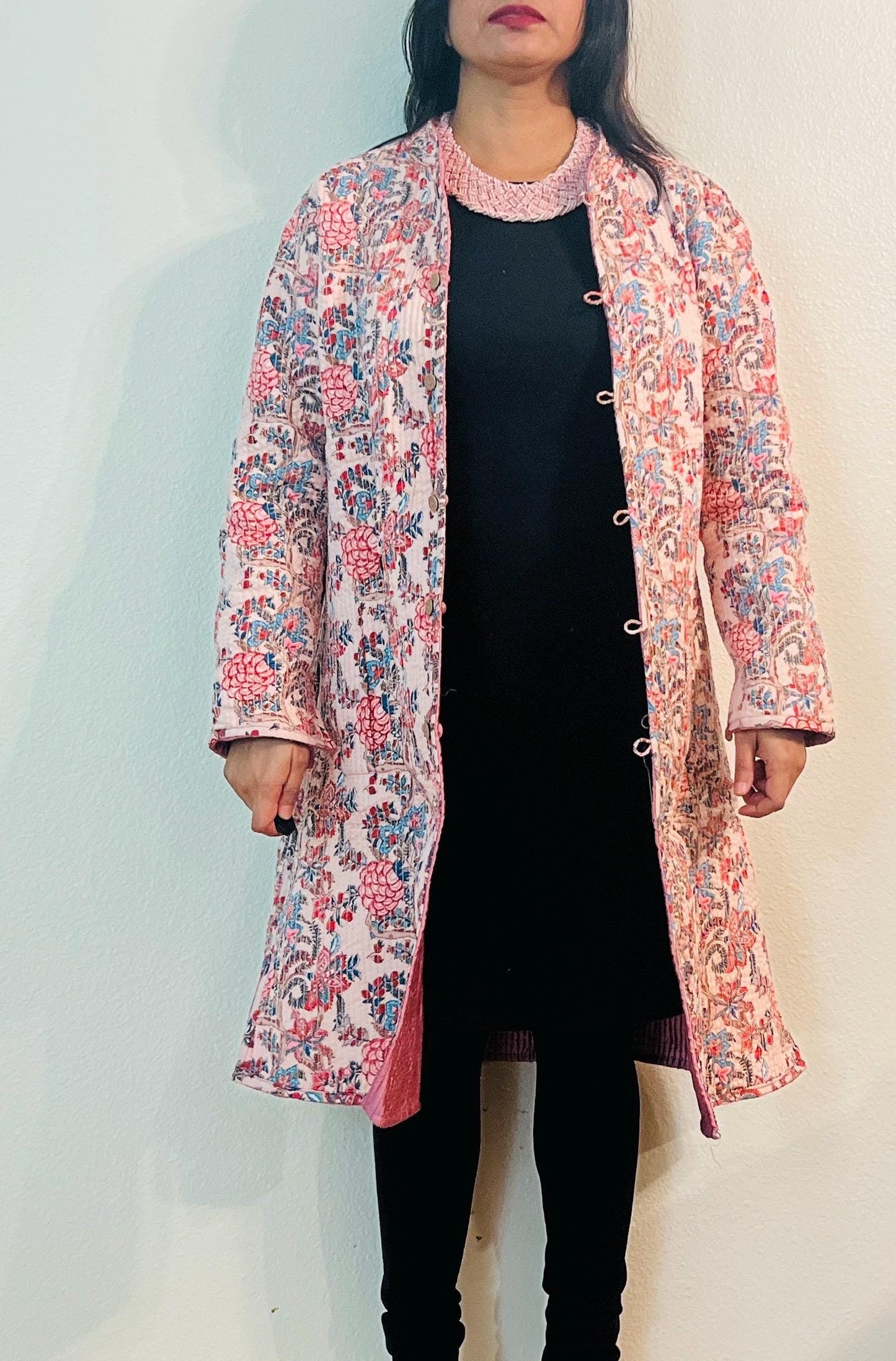 Reversible Pink Floral Cotton Jacket – Handcrafted Boho Long Coat | Romantic Valentine's Day Gift for Her