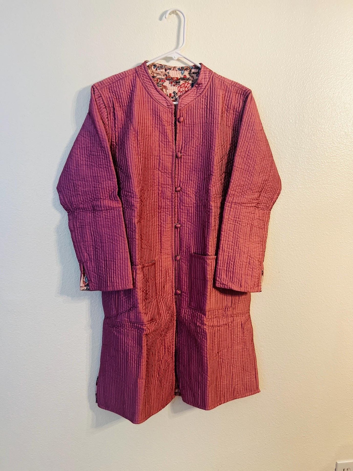 Reversible Pink Floral Cotton Jacket – Handcrafted Boho Long Coat | Romantic Valentine's Day Gift for Her