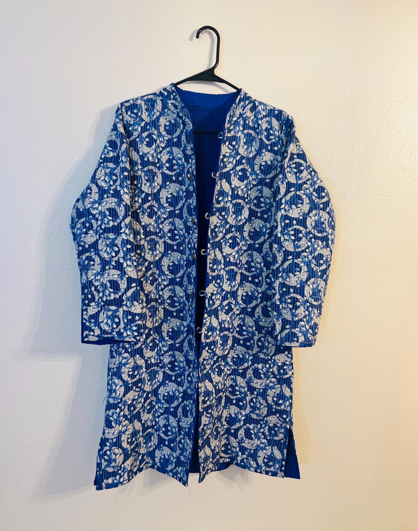 Reversible Blue Cotton Jacket – Handcrafted Boho Long Coat with Floral and Solid Patterns Valentine's Day Gift for Her
