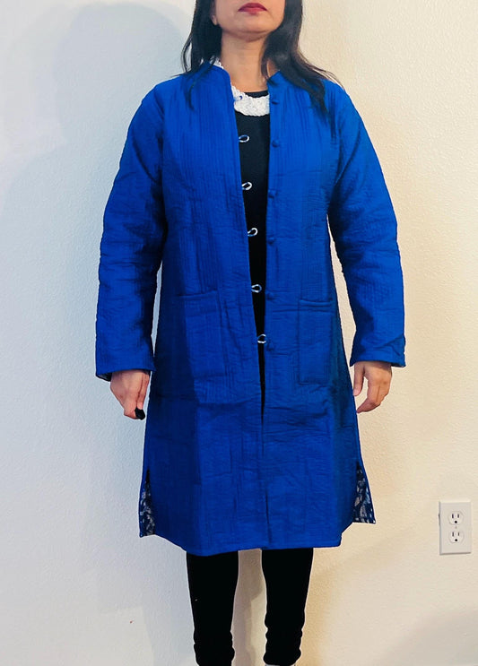 Reversible Blue Cotton Jacket – Handcrafted Boho Long Coat with Floral and Solid Patterns Valentine's Day Gift for Her