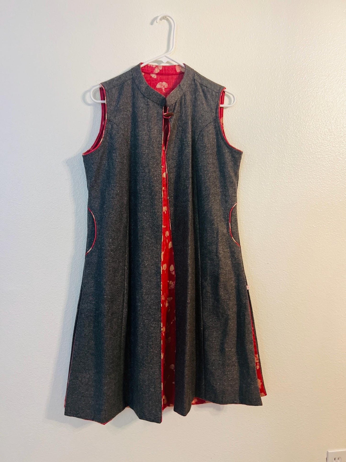 Reversible Long Jacket - Wool and Silk | Pink Floral & Gray | Unique Valentine’s Day Gift