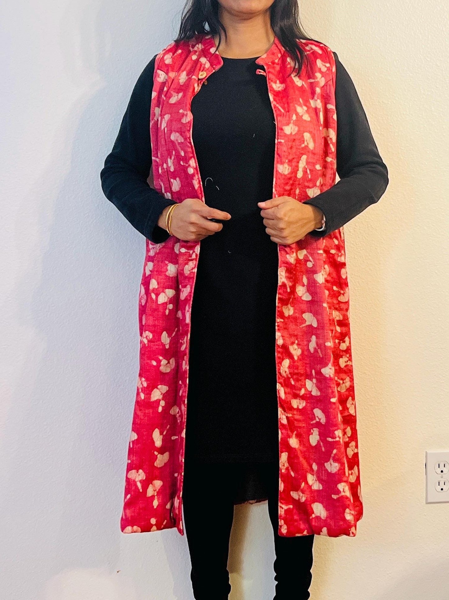 Reversible Long Jacket - Wool and Silk | Pink Floral & Gray | Unique Valentine’s Day Gift