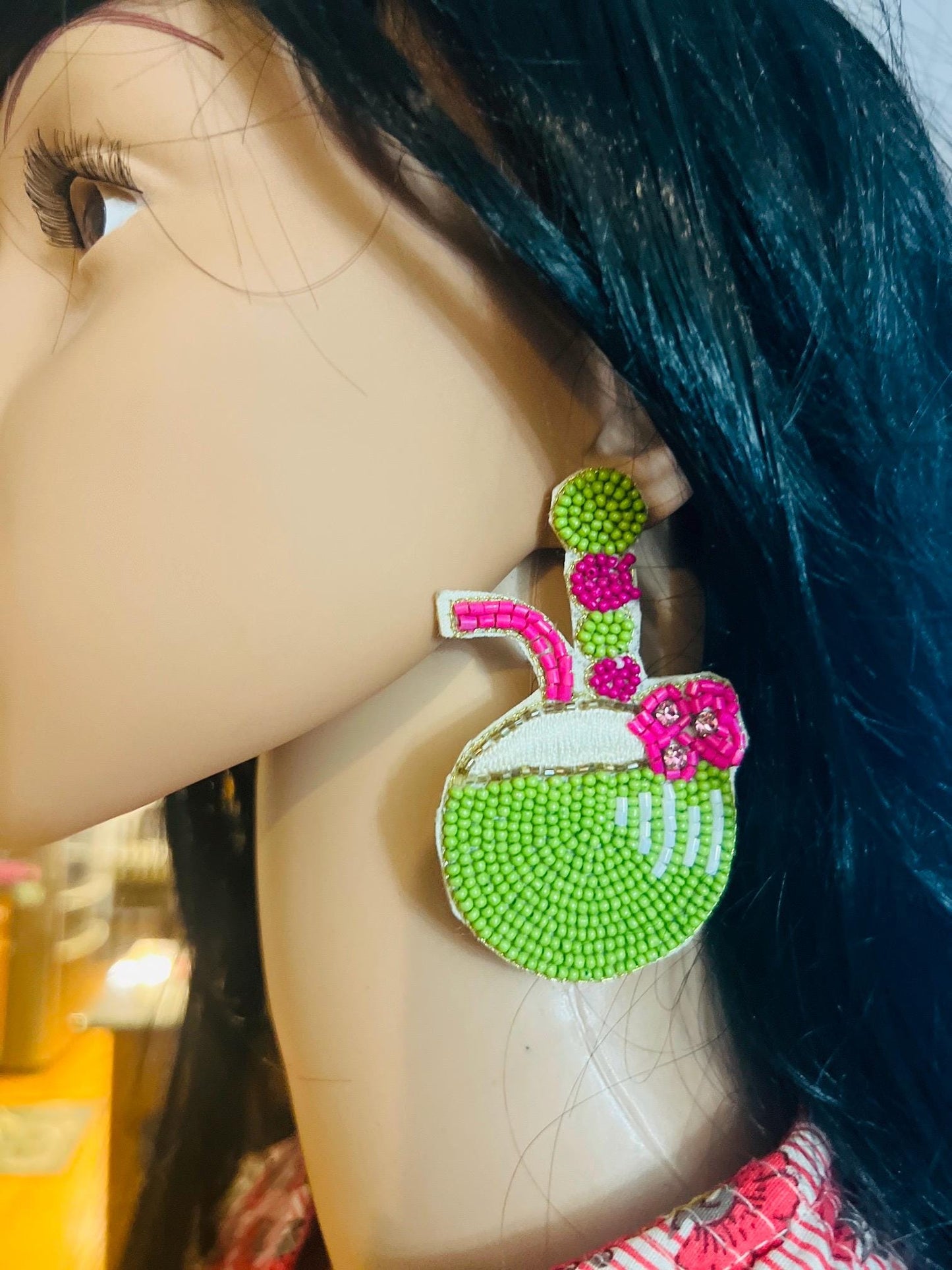 Tropical Coconut Green & Pink Beaded Earrings