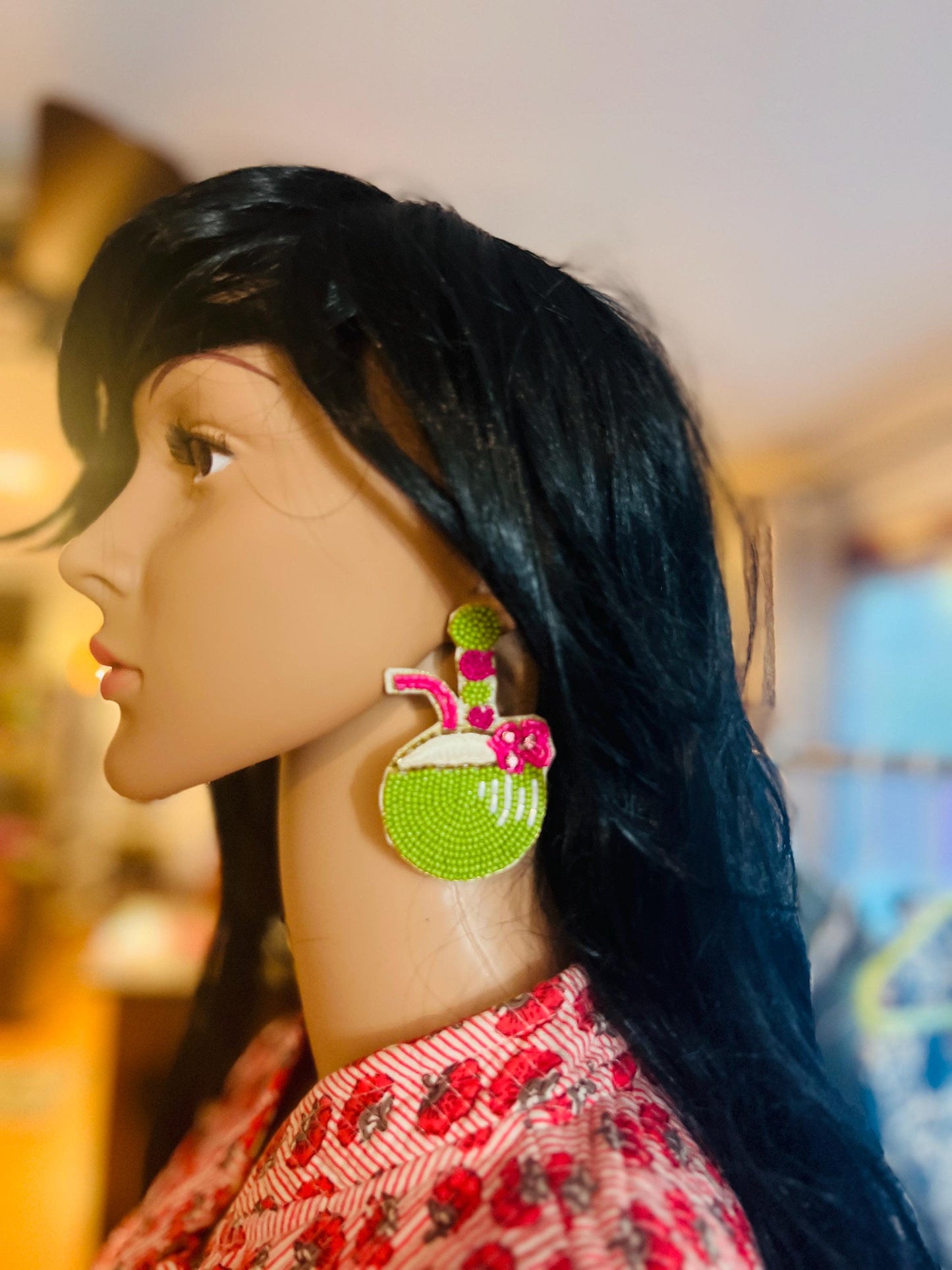 Tropical Coconut Green & Pink Beaded Earrings