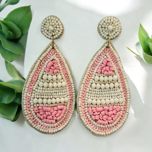 Handmade White & Pink Beaded Teardrop Earrings