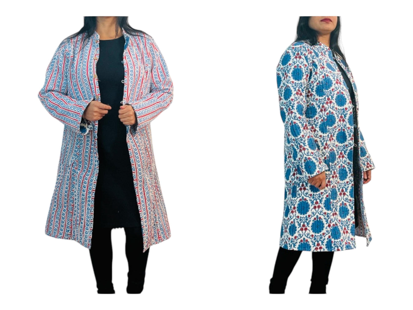 Reversible Handmade Kantha Jacket, Blue & White Block Print Coat, Lightweight Boho Outerwear, Ethnic Sustainable Fashion