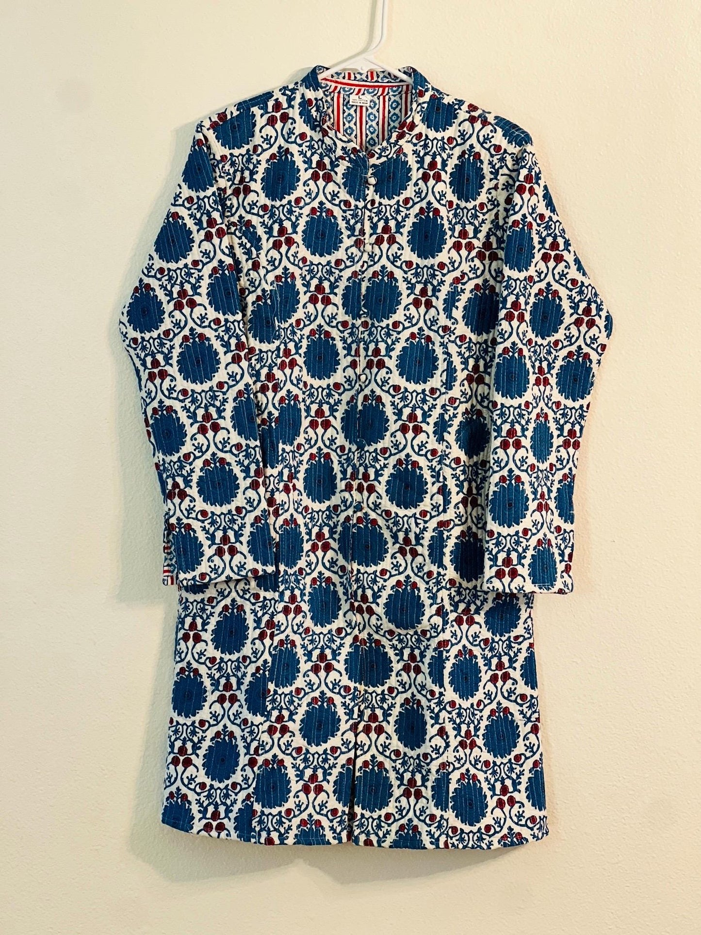 Reversible Handmade Kantha Jacket, Blue & White Block Print Coat, Lightweight Boho Outerwear, Ethnic Sustainable Fashion