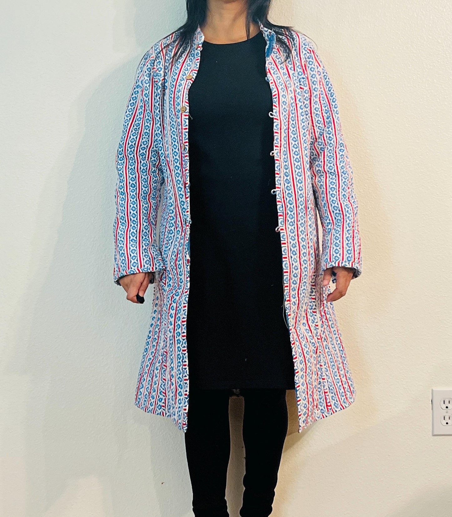 Reversible Handmade Kantha Jacket, Blue & White Block Print Coat, Lightweight Boho Outerwear, Ethnic Sustainable Fashion