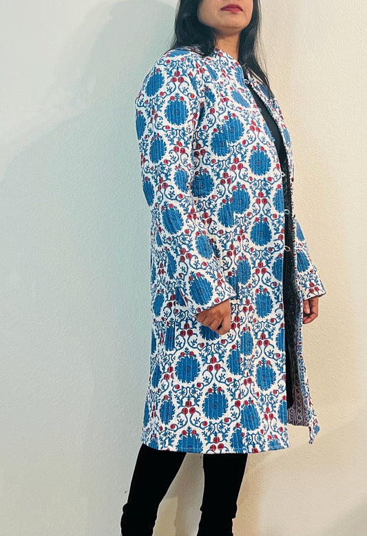Reversible Handmade Kantha Jacket, Blue & White Block Print Coat, Lightweight Boho Outerwear, Ethnic Sustainable Fashion