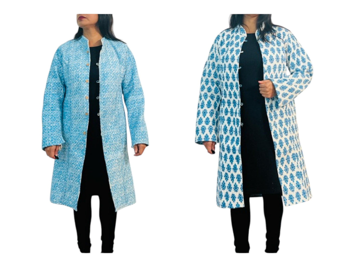 Reversible Blue Block Print Jacket, Handmade Kantha Cotton Coat, Lightweight Boho Outerwear, Eco-Friendly Fashion
