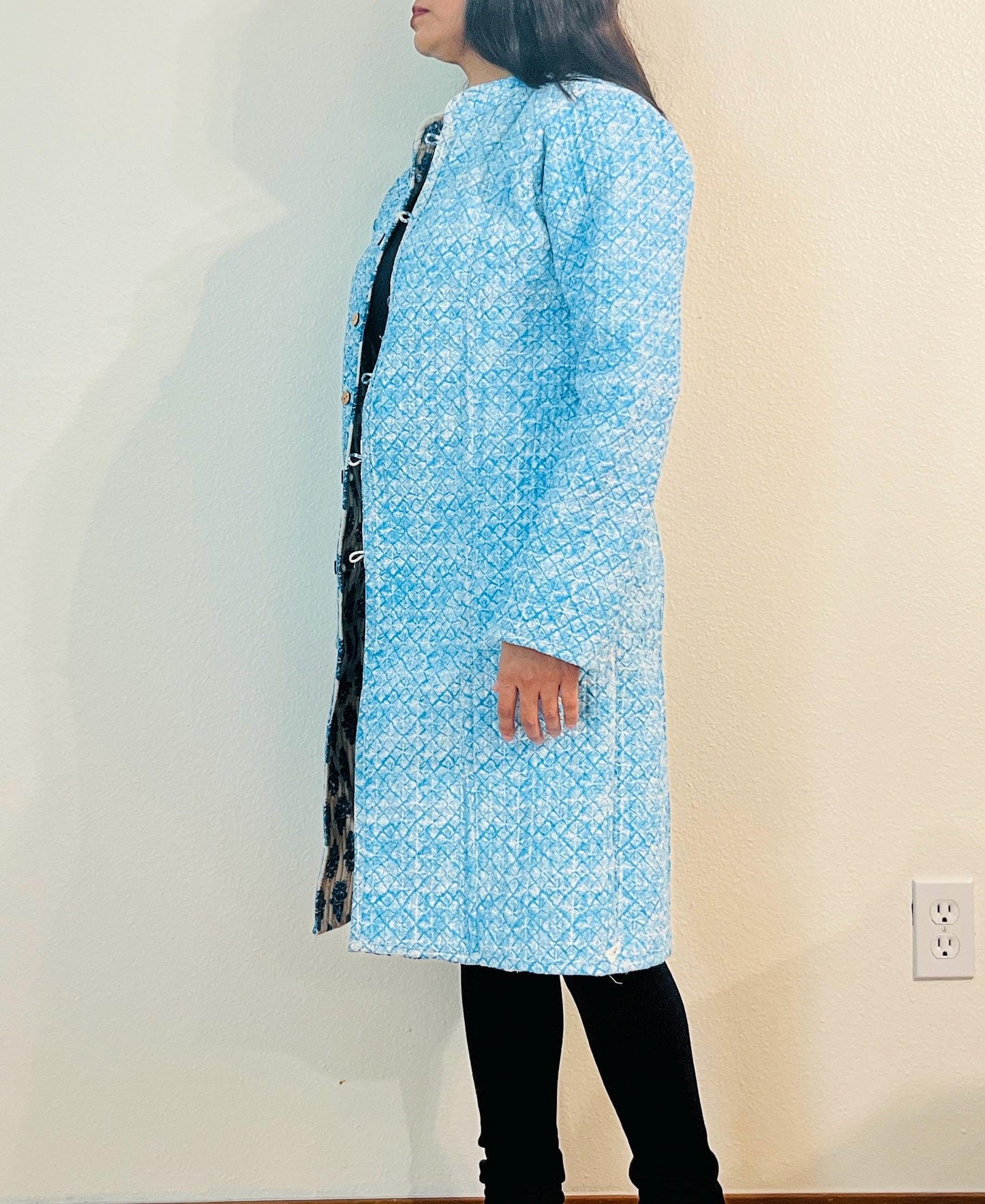 Reversible Blue Block Print Jacket, Handmade Kantha Cotton Coat, Lightweight Boho Outerwear, Eco-Friendly Fashion