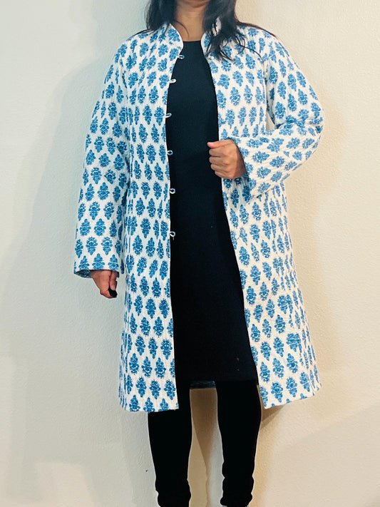 Reversible Blue Block Print Jacket, Handmade Kantha Cotton Coat, Lightweight Boho Outerwear, Eco-Friendly Fashion