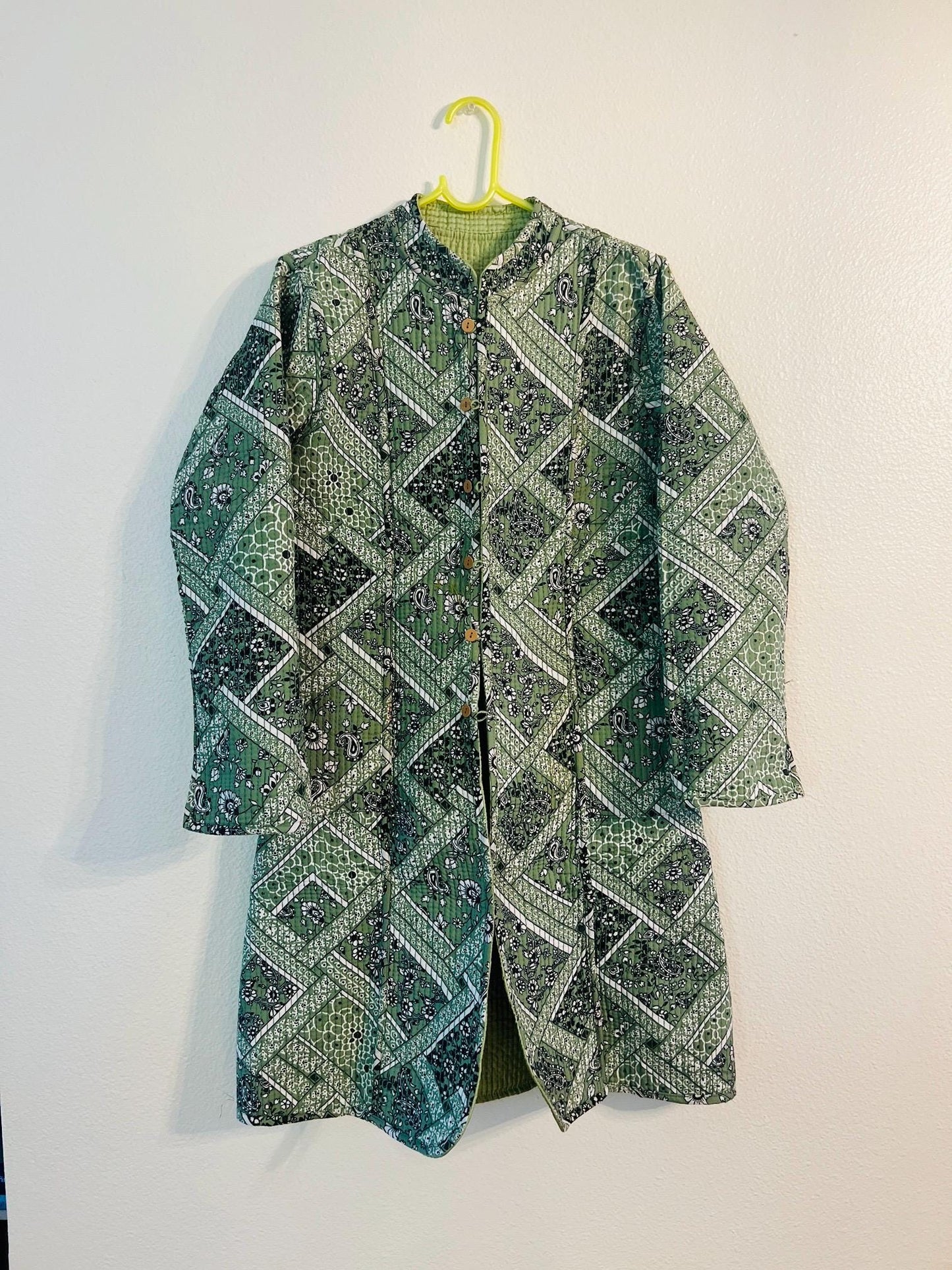 Reversible Handmade Quilted Jacket - Pastel Green Boho Coat - Block Print Long Jacket for Women