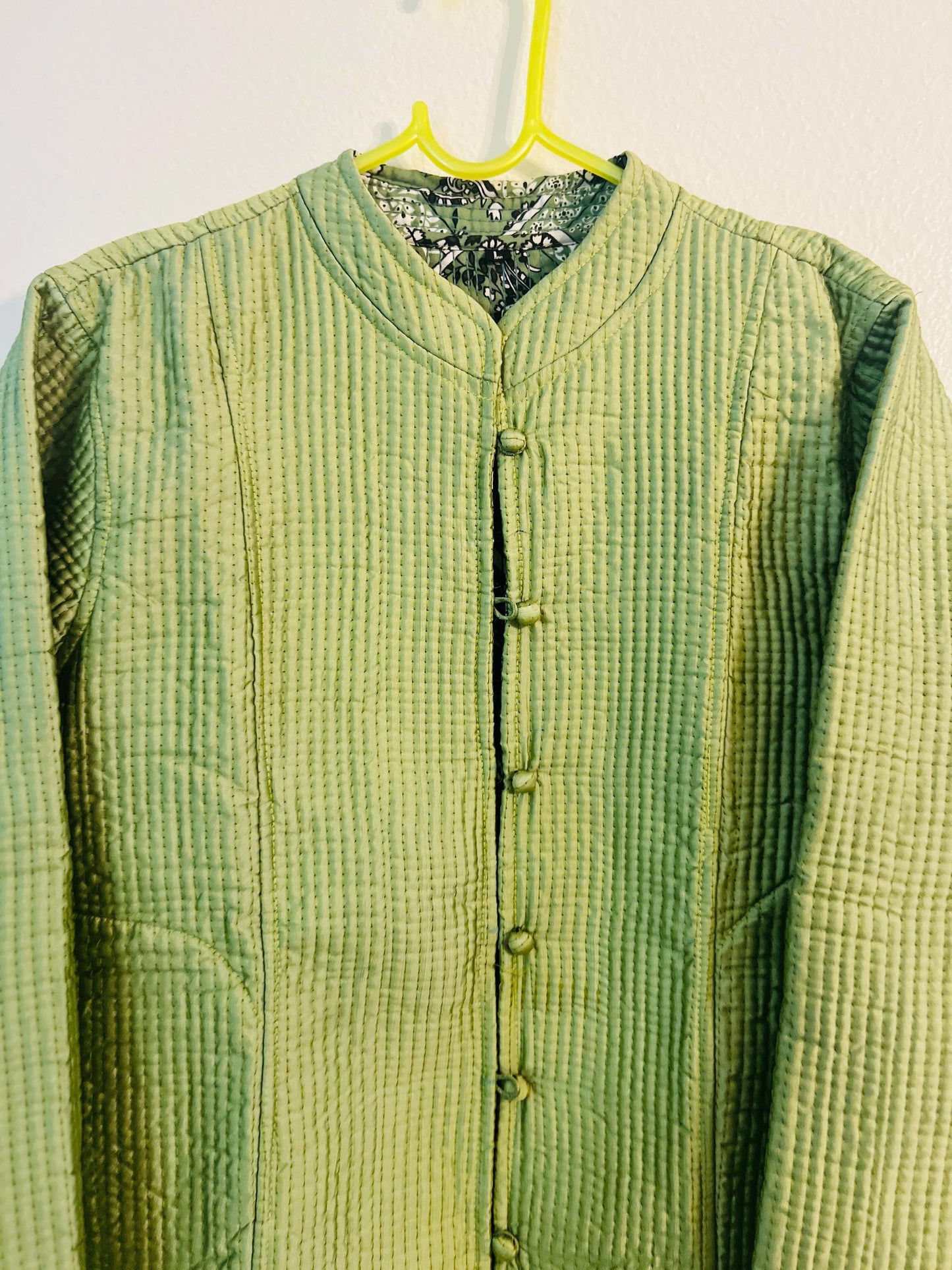 Reversible Handmade Quilted Jacket - Pastel Green Boho Coat - Block Print Long Jacket for Women